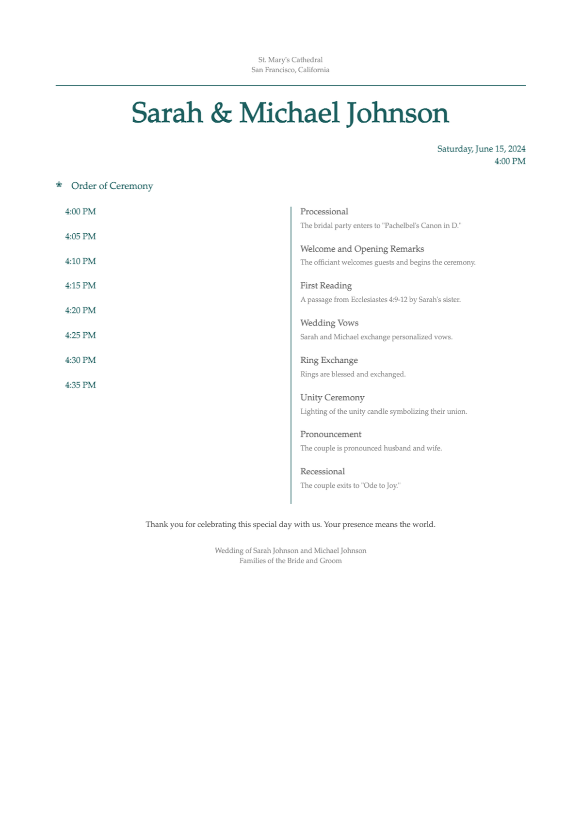 Elegant wedding ceremony timeline program with floral church illustration_variant_2